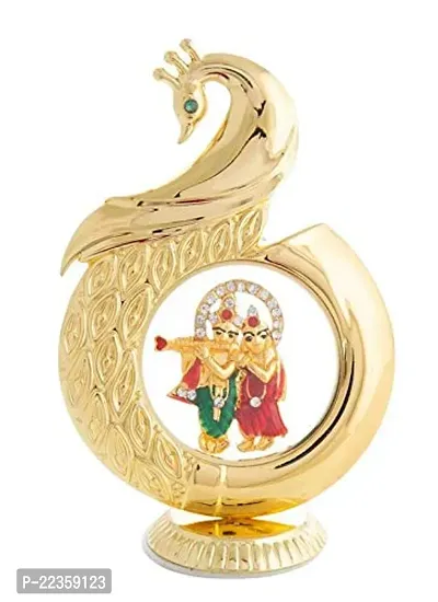 International Gift Gold Brass Peacock Shape Radha Krishna 12 Cm Car Dashboard Idol