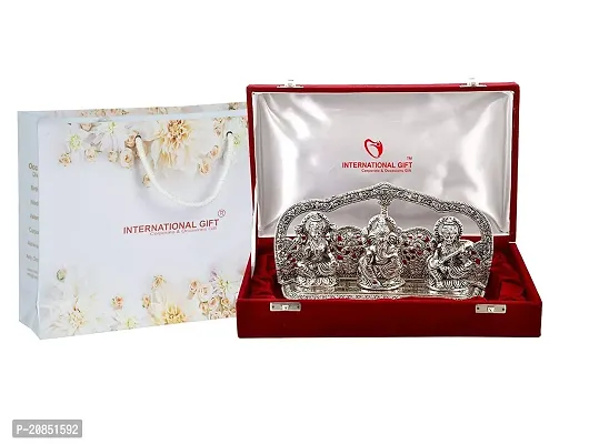 International Gift Silver Laxmi Ganesh Sarswati God Idol Statue Oxidized Finish with Royal Luxury Velvet Box Packing and Beautiful Carry Bag (28 cm X 16 cm X 4 cm, Silver)-thumb0