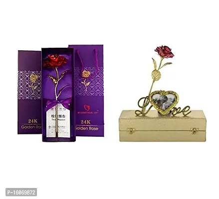 INTERNATIONAL GIFT? Red Rose and Red Rose Flower with Photo Frame Love Shape Stand with Golden Leaf with Luxury Golden Gift Box