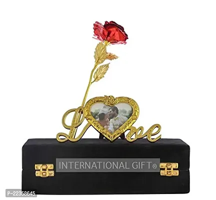 International Gift Red Plastic Rose Flower With Leaf With Heart Photo Frame Love Shape Stand And Black Gift Box-thumb0