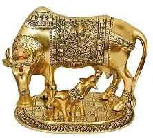 International Gift Gold Metal Kamdhenu Cow With Calf Idol With Om Diya With Beautiful Red Box Packing With Carry Bag, 6.5H X 20W X 14L Cm-thumb1