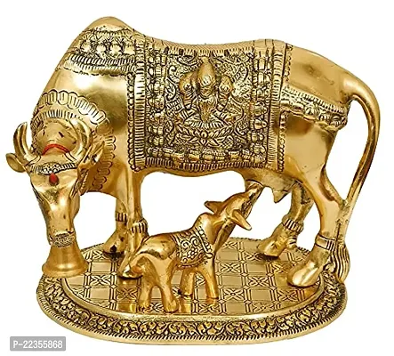 International Gift Gold Metal Kamdhenu Cow With Calf Idol With Om Diya With Beautiful Red Box Packing With Carry Bag, 6.5H X 20W X 14L Cm-thumb2