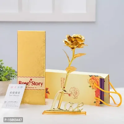 Golden Rose Flower with Golden Leaf with Love Shape Stand and Gift Box