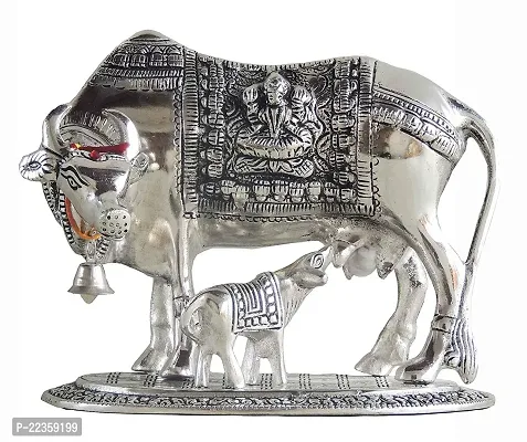 International Gift Silver Brass Kamdhenu Cow With Calf Idol With Beautiful Red Velvet Box Packing And With Carry Bag, 6.5H X 20W X 14L Cm