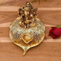 Gold Brass Leaf Ganesh With Diya God Idol Statue With Luxury Velvet Box Packing-thumb2