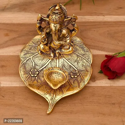 Gold Brass Leaf Ganesh With Diya God Idol Statue With Luxury Velvet Box Packing-thumb3