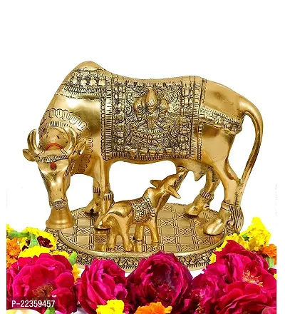 International Gift Gold Brass Kamdhenu Cow With Calf Statue Figurine With Beautiful Velvet Box Packing And With Carry Bag, 17H X 22W X 14L Cm-thumb0