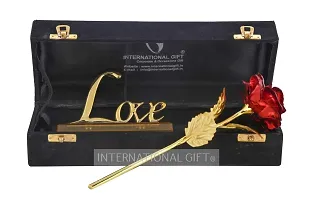 International Gift Red Rose Flower with Golden Leaf with Love Shape Stand and Luxury Gift Box-thumb1