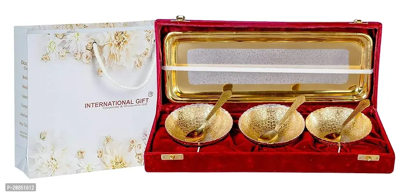 International Gift German Silver Brass Round Bowl Set with Tray and Spoon with Royal Royal Luxury Velvet Box Pack Used for Dry Fruit, Sweets and Home Decor