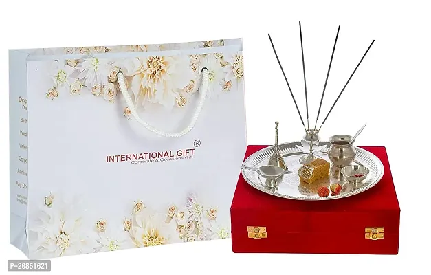 International Gift German Silver Pooja Thali with Luxury Velvet Box Pack and Beautiful Carry Bag