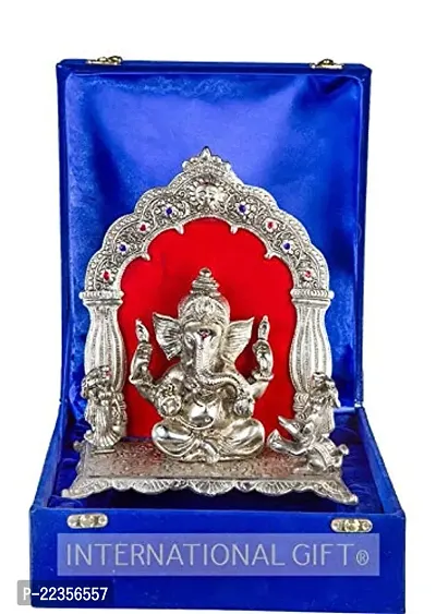 International Gift Silver Aluminum Get Ganesh Idol With Beautiful Red Velvet Box Packing And With Carry Bag, 24H X 21W X 11L Cm