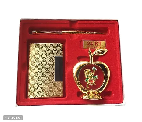 International Gift Gold Brass Pen With Visiting Card Holder And Apple Shape Hanuman Idol