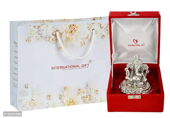 International Gift Silver -Plated Pagdi Ganesh God Idol Statue With Beautiful Velvet Box Packing And With Carry Bag, 10H X 8W X 8L Cm