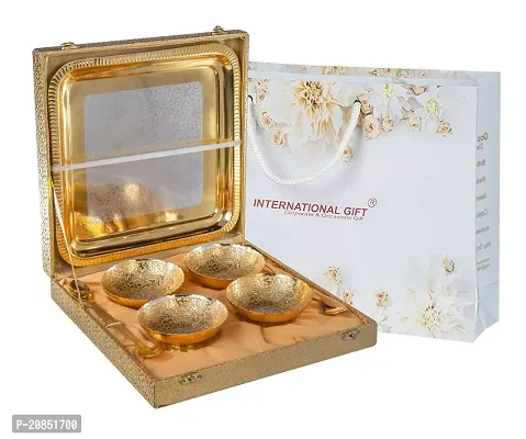 International Gift German Silver Brass Round Bowl Set with Tray and Spoon with Royal Royal Luxury Velvet Box Pack Used for Dry Fruit, Sweets and Home Decor-thumb0