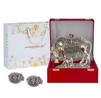 International Gift Silver Metal Kamdhenu Cow With Calf Idol With Om Diya With Beautiful Red Box Packing With Carry Bag, 6.5H X 20W X 14L Cm-thumb2