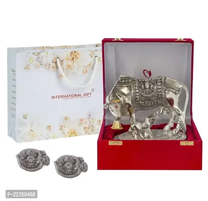 International Gift Silver Metal Kamdhenu Cow With Calf Idol With Om Diya With Beautiful Red Box Packing With Carry Bag, 6.5H X 20W X 14L Cm-thumb3