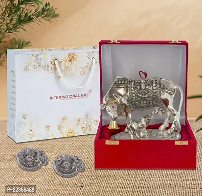 International Gift Silver Metal Kamdhenu Cow With Calf Idol With Om Diya With Beautiful Red Box Packing With Carry Bag, 6.5H X 20W X 14L Cm-thumb0