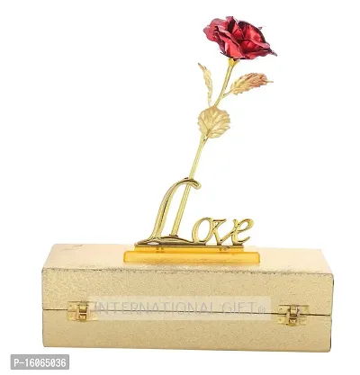 International Gift Artificial Rose Flower and Love Shape Stand with Box (Red, Golden, 1 Piece)