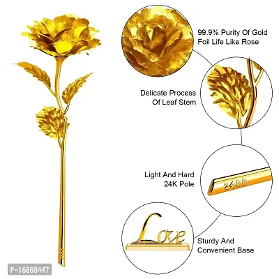 Golden Rose Flower with Golden Leaf with Love Shape Stand and Gift Box-thumb4