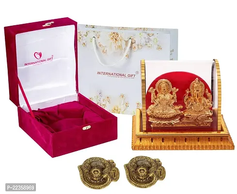 International Gift Gold Metal Laxmi Ganesh Statue With Puja Diya With Agarbatti Incense Stick With Box Packing With Carry Bag-thumb3