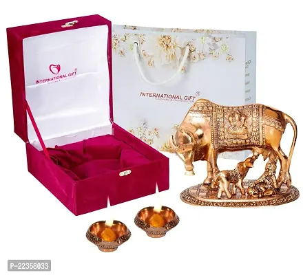 International Gift Brown Metal Kamdhenu Cow With Calf Statue Figurine With Designer Diya With Box With Carry Bag, 17H X 22W X 14L Cm