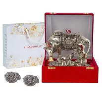 International Gift Silver Metal Kamdhenu Cow With Calf Idol With Om Diya With Beautiful Red Box Packing With Carry Bag, 6.5H X 20W X 14L Cm-thumb2