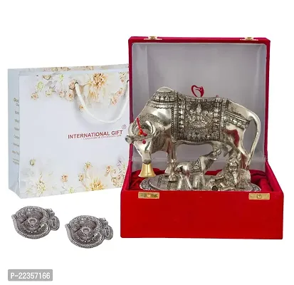 International Gift Silver Metal Kamdhenu Cow With Calf Idol With Om Diya With Beautiful Red Box Packing With Carry Bag, 6.5H X 20W X 14L Cm-thumb3