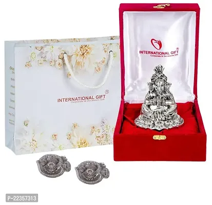 International Gift Silver Metal Cymbal Ganesh Idol With Om Diya With Beautiful Red Box Packing With Carry Bag, 11.5H X 11W X 9.5L Cm-thumb3