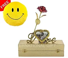 International Gift Red Rose Flower With Photo Frame Stand And Luxury Golden Gift Box Pack With Smiley Pillow-thumb1