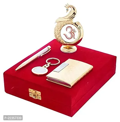 lrm;International Gift Gold Brass Blue Pen, Business Card Holder, Keyring And Peacock Shape Om Idol Car Dashboard And Home Temple-thumb0