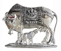 International Gift Silver Metal Kamdhenu Cow With Calf Idol With Om Diya With Beautiful Red Box Packing With Carry Bag, 6.5H X 20W X 14L Cm-thumb1