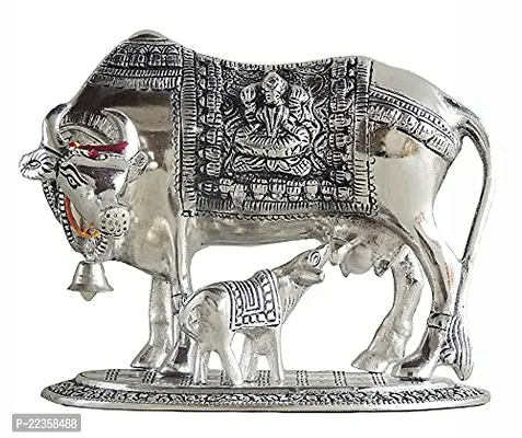 International Gift Silver Metal Kamdhenu Cow With Calf Idol With Om Diya With Beautiful Red Box Packing With Carry Bag, 6.5H X 20W X 14L Cm-thumb2