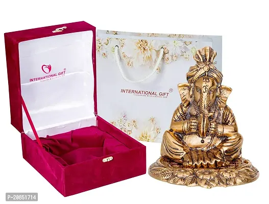 International Gift Copper Metal Ganesh Idol with Cymbal with Royal Luxury Red Velvet Box and Beautiful Carry Bag Showpiece for Home Decor and Festival Gift-thumb0