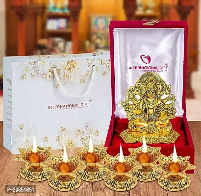 INTERNATIONAL GIFT Aluminium 5 Mukhi Hanuman Statue with Shehanais Oxidized Finish with Luxury Velvet Box Pack and Beautiful Carry Bag Showpiece (Golden, Standard) -Set of 6 Pieces Diya-thumb0