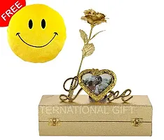 International Gift Golden Rose Flower With Photo Frame Stand And Luxury Golden Gift Box Pack With Smiley Pillow-thumb1