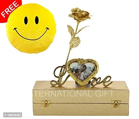 International Gift Golden Rose Flower With Photo Frame Stand And Luxury Golden Gift Box Pack With Smiley Pillow-thumb2