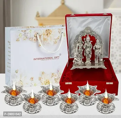 International Gift Silver Ram Darbar Statue Oxidized Finish with Luxury Velvet Box Pack and Beautiful Carry Bag Showpiece for Home Decor (Diya Set of 6 Pics)