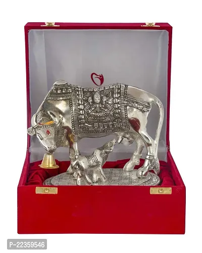 International Gift Silver Aluminum Laxmi Ganesh Kamdhenu Cow And Calf, 6.5 X 20 X 14 Cm