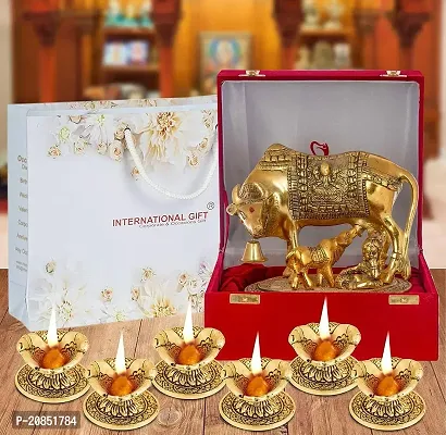 International Gift Golden Kamdhenu Cow with Laddu Gopal Statue Oxidized Finish with Luxury Velvet Box Pack and Beautiful Carry Bag Showpiece for Home Decor (Diya Set of 6 Pics)