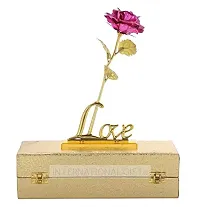 International Gift Pink Rose Flower with Golden Leaf with Love Shape Stand and Luxury Gift Box-thumb1