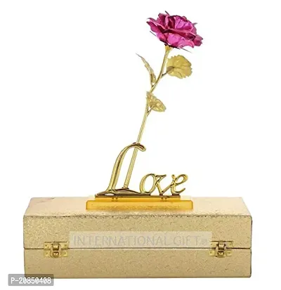 International Gift Pink Rose Flower with Golden Leaf with Love Shape Stand and Luxury Gift Box-thumb2