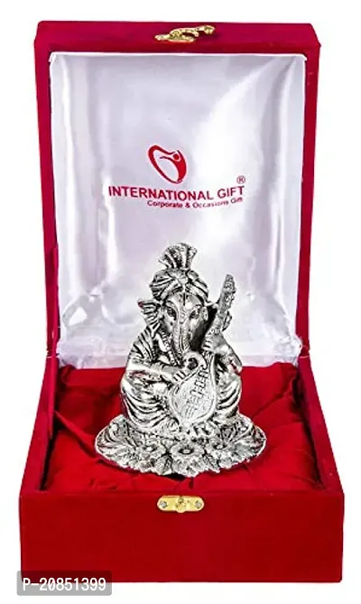 International Gift Silver Ganesha Idol with Cymbal and Sitar with Royal Royal Luxury Velvet Box Pack and Beautiful Carry Bag (12 cm, Silver)-thumb4