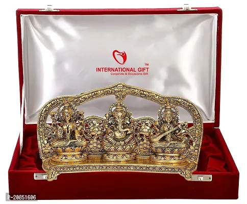 International Gift Golden Laxmi Ganesh Sarswati God Idol Oxidized Finish with Luxury Velvet Box Pack and Beautiful Carry Bag (28 cm x 16 cm x 4 cm, Golden)-thumb0