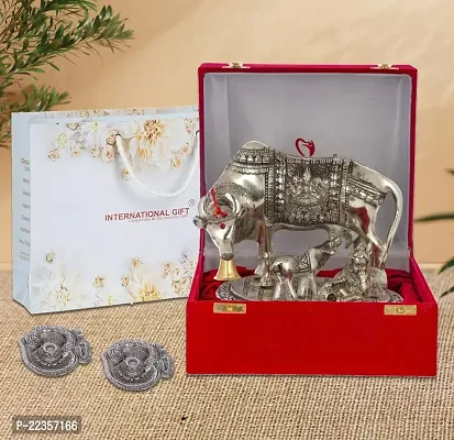 International Gift Silver Metal Kamdhenu Cow With Calf Idol With Om Diya With Beautiful Red Box Packing With Carry Bag, 6.5H X 20W X 14L Cm