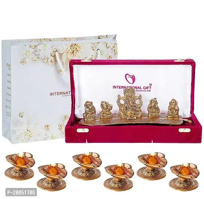 International Gift Copper Musical Ganesh Statue with 6 Pics Diya Set with Luxury Velvet Box Pack and Beautiful Carry Bag Showpiece for Home Deacute;cor and Festival Gift