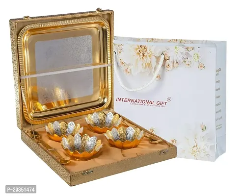 INTERNATIONAL GIFT Gold Plated Brass Bowl with Spoon and Tray (Golden) with Velvet Box Packing -Set of 9 Pieces
