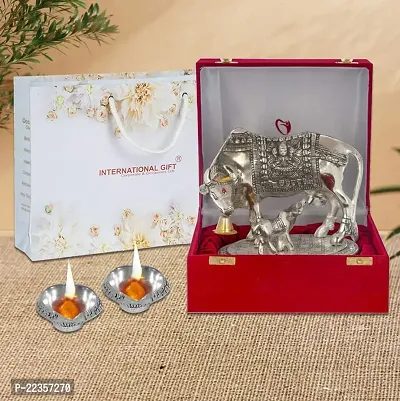 International Gift Silver Metal Kamdhenu Cow With Calf Idol With Designer Diya With Beautiful Red Box Packing With Carry Bag, 6.5H X 20W X 14L Cm-thumb0