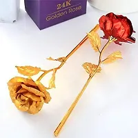 INTERNATIONAL GIFT? Red Rose and Red Rose Flower with Photo Frame Love Shape Stand with Golden Leaf with Luxury Golden Gift Box-thumb1