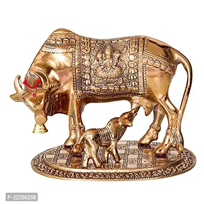International Gift Brown Metal Kamdhenu Cow With Calf Statue Figurine With Om Diya With Box With Carry Bag, 17H X 22W X 14L Cm-thumb2