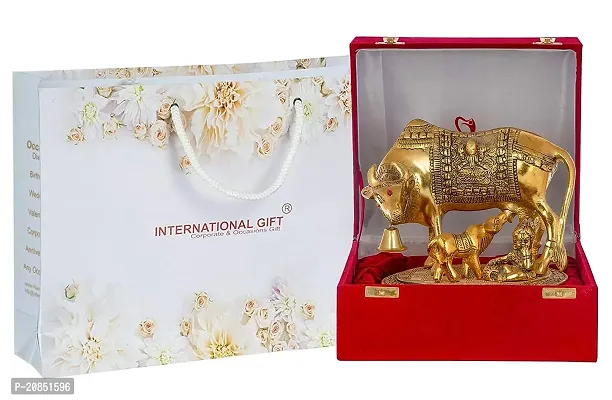 International Gift Gold Plated Hindu Religious Laxmi Ganesh Kamdhenu Cow with Calf and Laddu Gopal Statue with Beautiful Red Velvet Box Pack and Beautiful Carry Bag